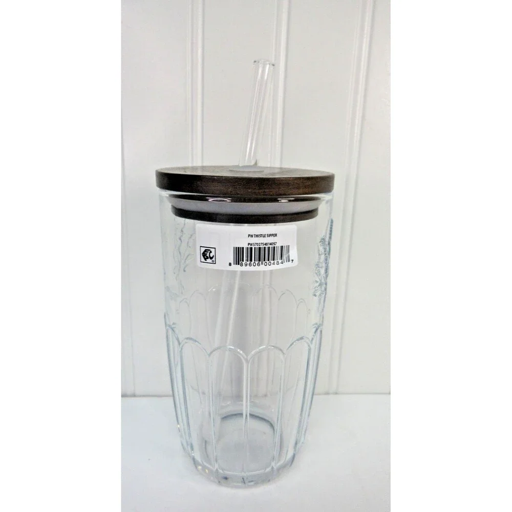 Pioneer Woman Thistle Clear Glass Tumbler Wood Lid 21 oz Floral